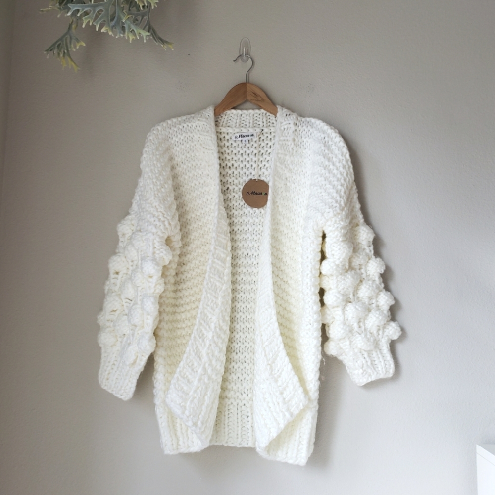 ❗SOLD❗Pom Sleeve Knit Cardigan Sweater - Picture 1 of 14